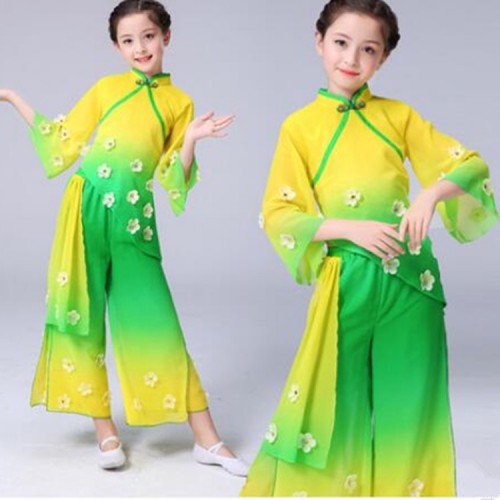 Girls Chinese folk dance costumes kids children ancient fairy flowers jasmine yangko umbrella fan dance costumes dresses